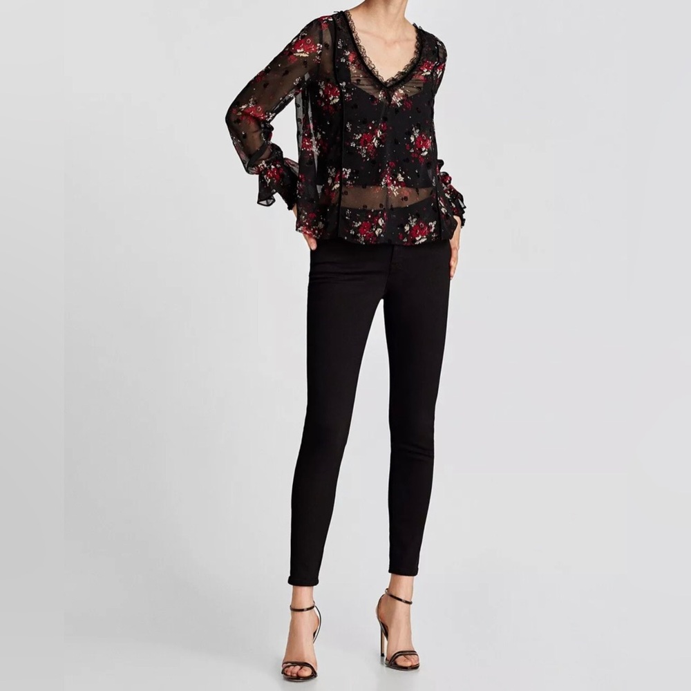 Zara Basic Sheer Dark Floral Velvet Accent V Neck Blouse w/ Ruffle Sleeve - Picture 14 of 14